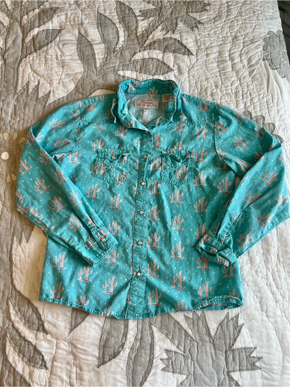 Panhandle Kids Girls Western Pearl Snap Button Up Shirt Size XL Cactus